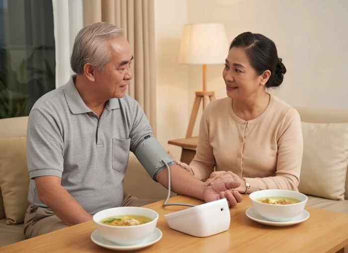 Người lớn tuổi Đinh Hợi đo huyết áp tại nhà và dùng bữa tối thanh đạm nhằm bảo vệ sức khỏe hệ tiêu hóa và xương khớp