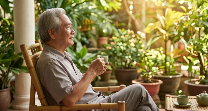 Gia chủ cao tuổi Mậu Tý thong thả thưởng trà nghỉ ngơi bên sân vườn mát mẻ nhằm dưỡng tâm an thần