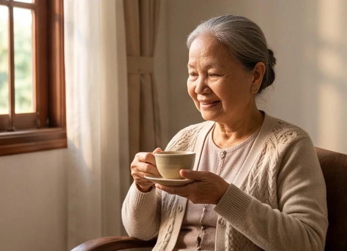 Người phụ nữ lớn tuổi mặc áo khoác len mỏng đang uống trà nóng giữ ấm cơ thể