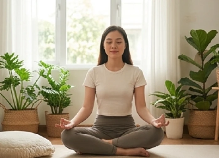 Cô gái đang ngồi thiền thư giãn trong một không gian phòng ngập tràn ánh sáng tự nhiên