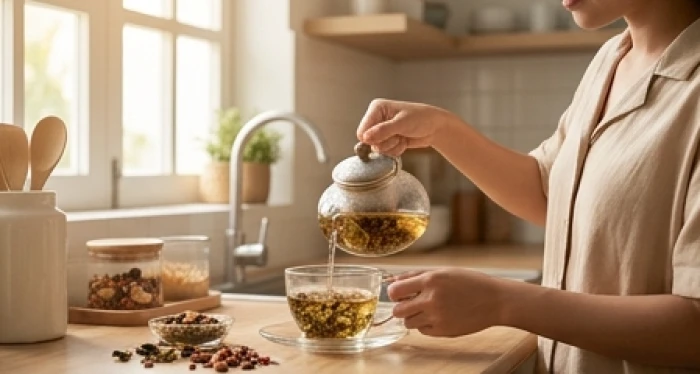 Nữ giới pha trà thảo mộc tại không gian bếp ấm cúng nhằm thư giãn tinh thần và bảo vệ sức khỏe thể chất