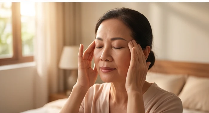 Người phụ nữ trung niên dùng tay xoa bóp thái dương nhẹ nhàng để xoa dịu cơn đau đầu mệt mỏi