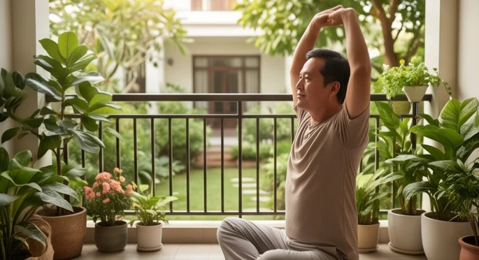 Người lớn tuổi rèn luyện thể chất nhẹ nhàng tại không gian ban công xanh mát yên tĩnh