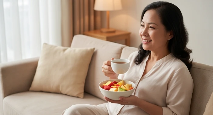 Người mẹ tuổi Nhâm Tuất nghỉ ngơi thư giãn chuẩn bị sức khỏe thai kỳ trong phòng khách ấm cúng