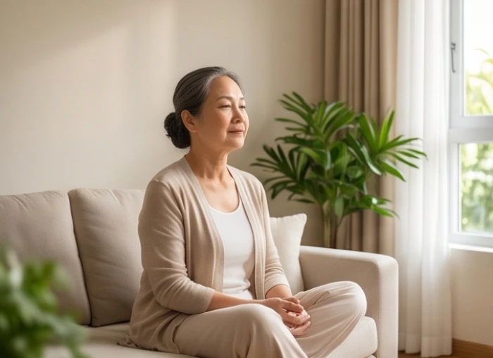 Người phụ nữ ngồi thiền thư giãn bên khung cửa sổ ngập nắng để cân bằng thể lực và tinh thần