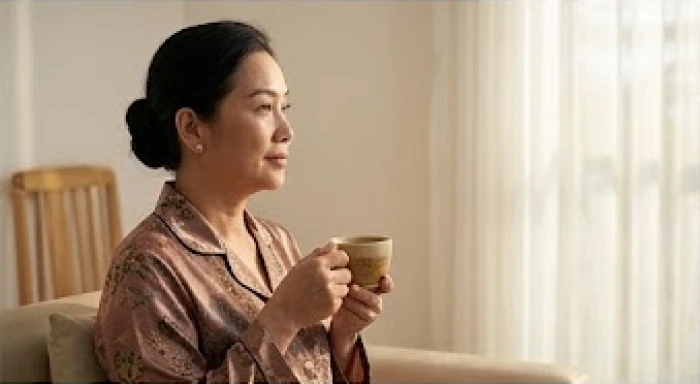 Người phụ nữ trung niên thư giãn uống trà thảo mộc tại nhà để giữ gìn sức khỏe tim mạch trước hạn Huỳnh Tuyền