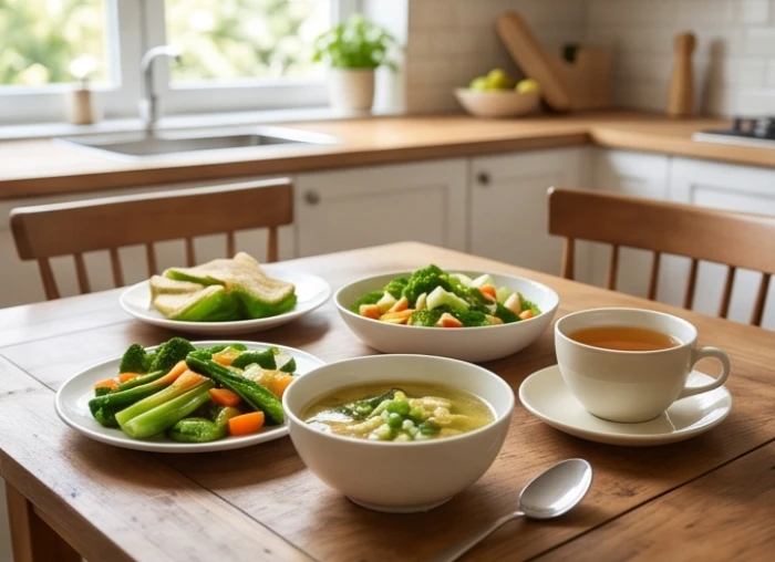 Bữa ăn dưỡng sinh lành mạnh với rau xanh tươi và trà thảo mộc trên bàn ăn gỗ dành cho tuổi trung niên