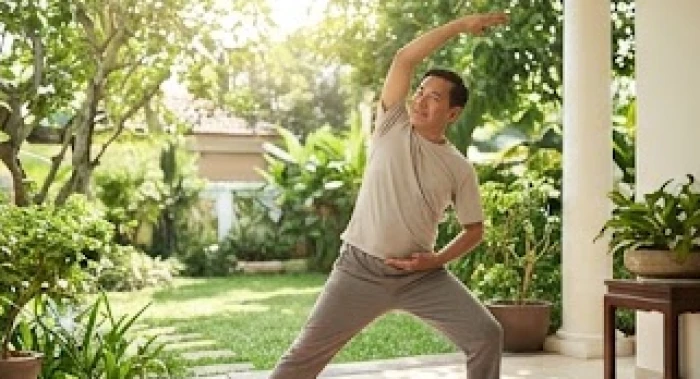 Người đàn ông trung niên tập thể dục buổi sáng rèn luyện thể chất và tinh thần thư thái