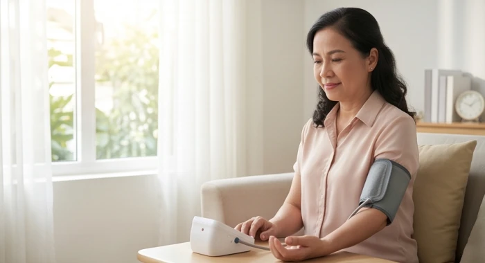 Người tuổi canh tuất đo huyết áp tại nhà trong không gian yên tĩnh để bảo vệ sức khỏe tim mạch