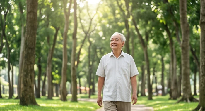 Người lớn tuổi tập thể dục nhẹ nhàng dưới những tán cây xanh mát vào buổi sáng sớm