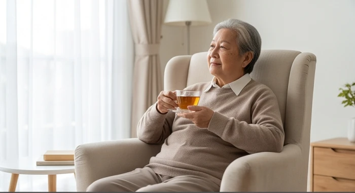 Người lớn tuổi thảnh thơi nhâm nhi ly trà ấm và thư giãn trên chiếc ghế tựa êm ái tại phòng khách