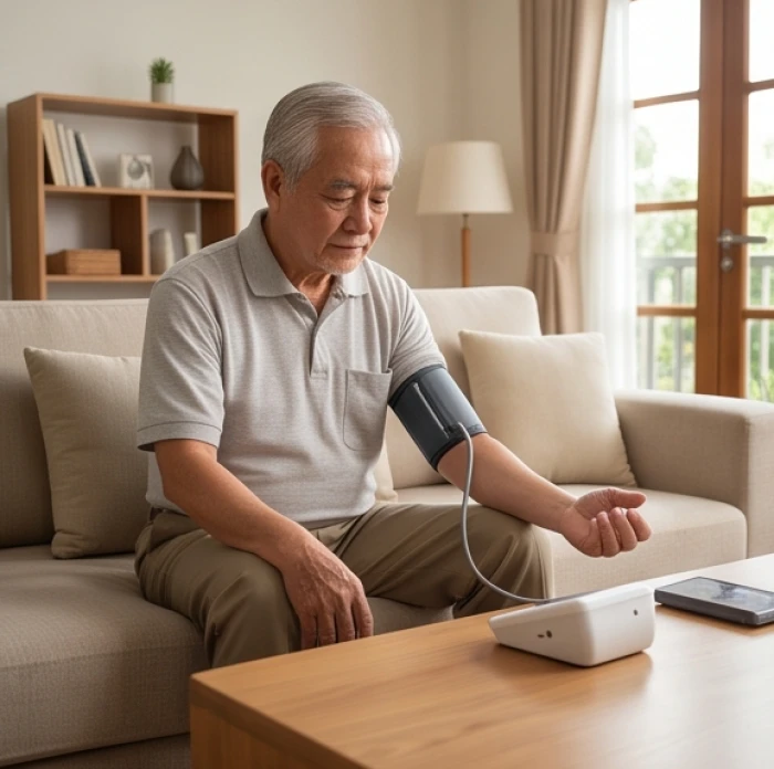 Người đàn ông lớn tuổi kiểm tra huyết áp tại nhà trong không gian phòng khách gọn gàng và êm dịu