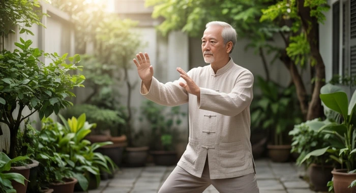 Người cao tuổi tập dưỡng sinh buổi sáng với tinh thần lạc quan trong năm mới