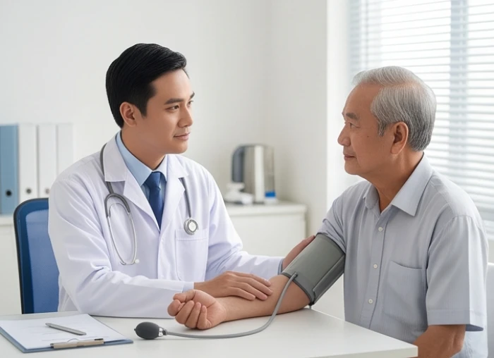 Bác sĩ kiểm tra huyết áp và tư vấn sức khỏe tim mạch cho người cao tuổi sinh năm Canh Dần