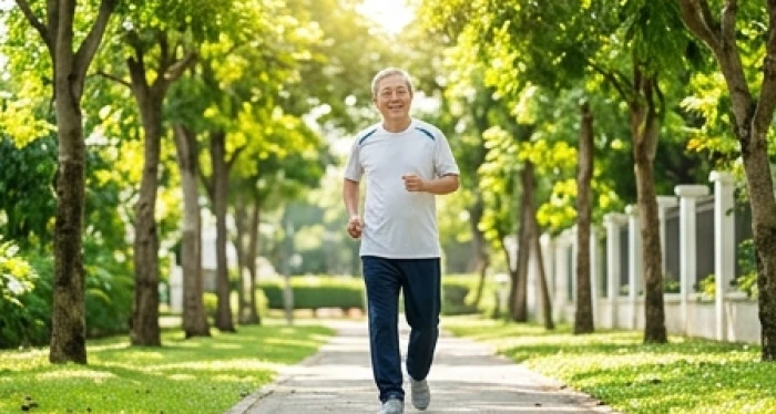 Người cao tuổi tập thể dục đi bộ buổi sáng dưới tán cây xanh mát trong công viên rèn luyện sức khỏe xương khớp