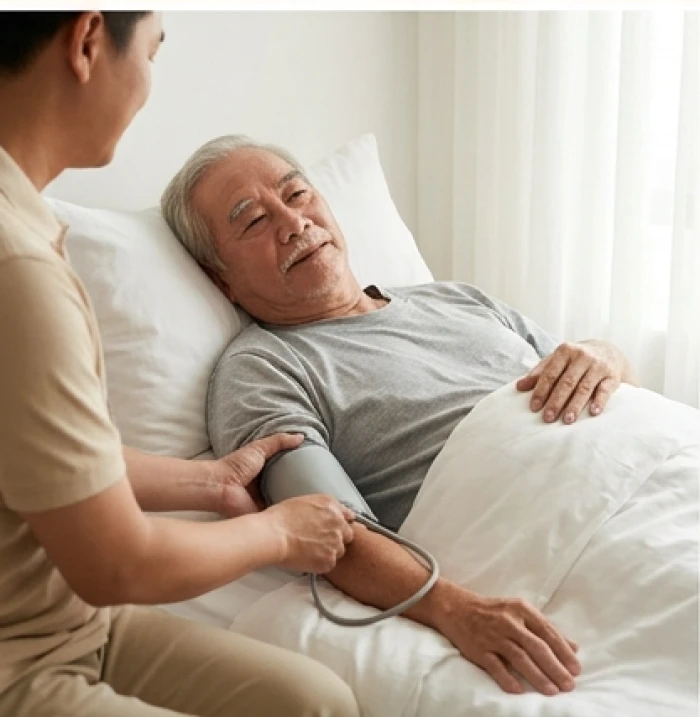 Người cao tuổi Canh Thìn được người thân đo huyết áp buổi sáng trong phòng ngủ gia đình