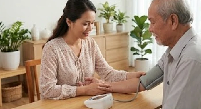 Con cháu quan tâm đo huyết áp và hỏi thăm sức khỏe cụ ông tuổi Canh Thìn tại phòng khách sáng sủa
