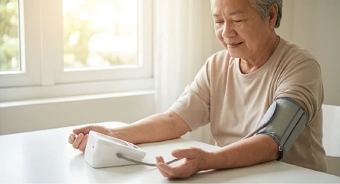 Người cao tuổi kiểm tra huyết áp định kỳ tại nhà nhằm theo dõi sát sao tình trạng sức khỏe tim mạch