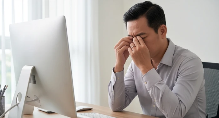 Người đàn ông trung niên nhắm mắt thư giãn và xoa bóp thái dương sau thời gian dài làm việc với máy tính