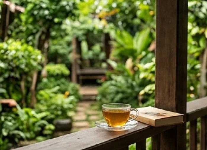 Tách trà thảo mộc ấm nóng và cuốn sách bồi dưỡng sức khỏe đặt bên hiên nhà yên tĩnh