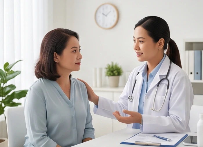 Bác sĩ tư vấn chế độ dinh dưỡng và nghỉ ngơi khoa học cho bệnh nhân lớn tuổi người Việt trong phòng khám hiện đại