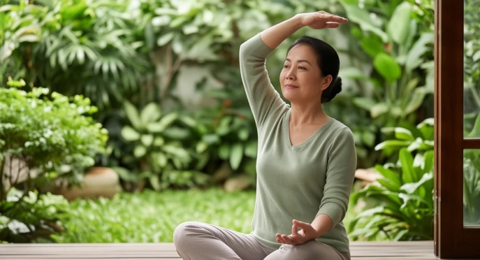 Phụ nữ trung niên tập dưỡng sinh thư thái ngoài hiên nhà tràn ngập ánh sáng giúp tăng cường sinh lực
