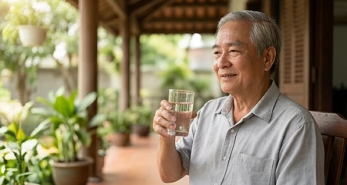 Cụ ông tuổi Kỷ Sửu 78 tuổi thong thả thưởng thức ly nước ấm bên hiên nhà thoáng đãng trong những ngày hè