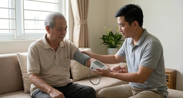 Cụ ông tuổi Mậu Tý 1948 đang được người thân đo chỉ số huyết áp bằng máy điện tử tại nhà