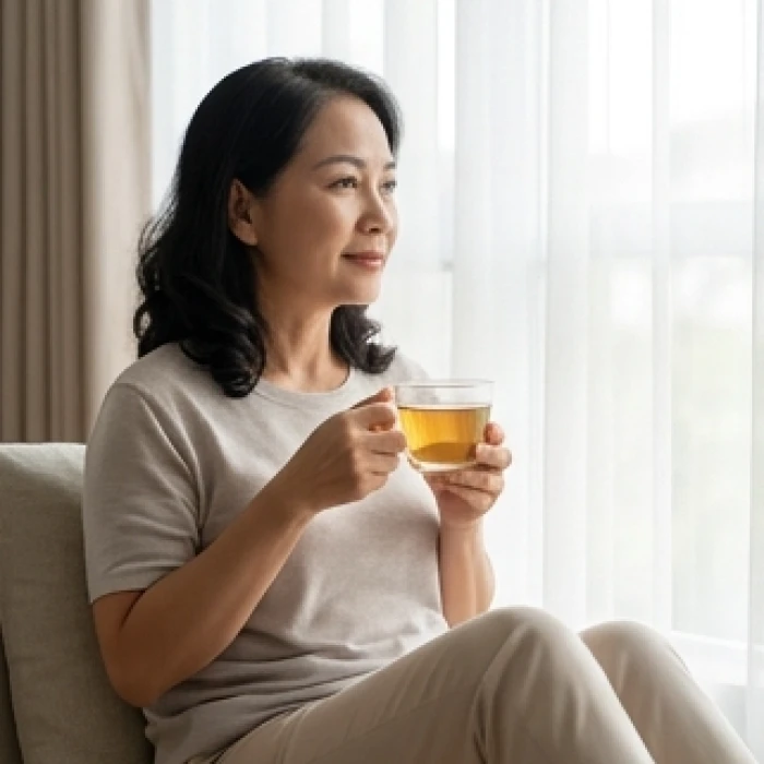 Người phụ nữ trung niên đang thư giãn và thưởng thức trà ấm trong không gian nhà ở bình yên