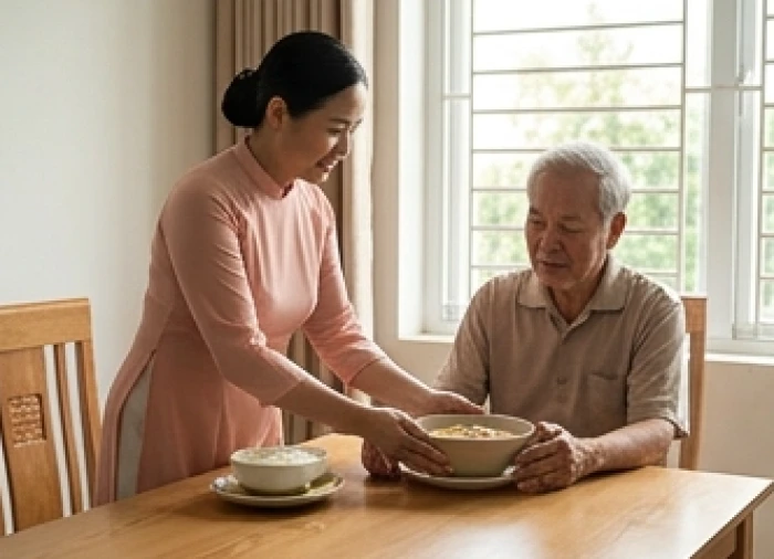 Con cháu đang ân cần chuẩn bị bữa ăn ấm nóng dễ tiêu hóa cho ông cụ tuổi Quý Mùi 1943
