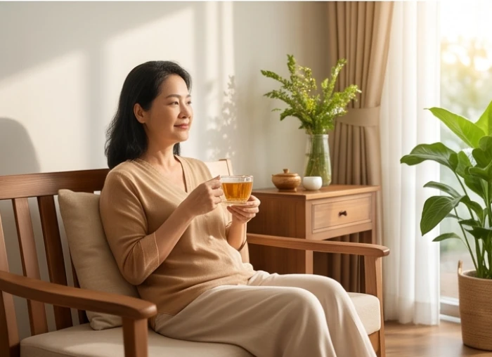 Phụ nữ Quý Sửu 1973 thư giãn thưởng trà nghỉ ngơi để phục hồi sức khỏe trong năm đại hạn