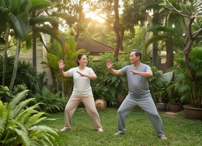 Người trung niên tập dưỡng sinh nhẹ nhàng dưới ánh nắng sớm trong khu vườn xanh mát nhằm duy trì sức khỏe dẻo dai