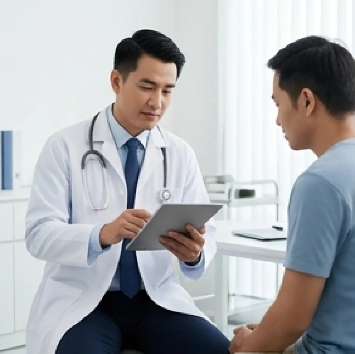 Bác sĩ đang tư vấn sức khỏe xương khớp cho người đàn ông tại phòng khám y tế khang trang
