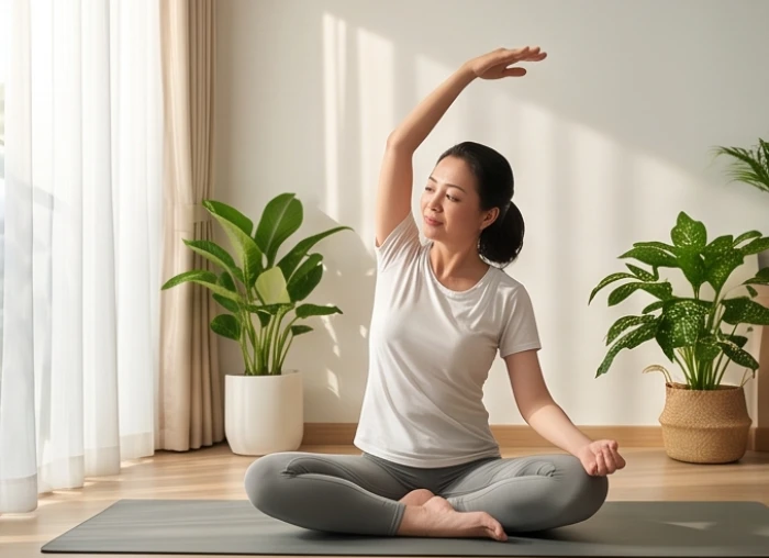 Phụ nữ tuổi trung niên Nhâm Tuất thư thái tập yoga buổi sáng bên khung cửa sổ ngập nắng