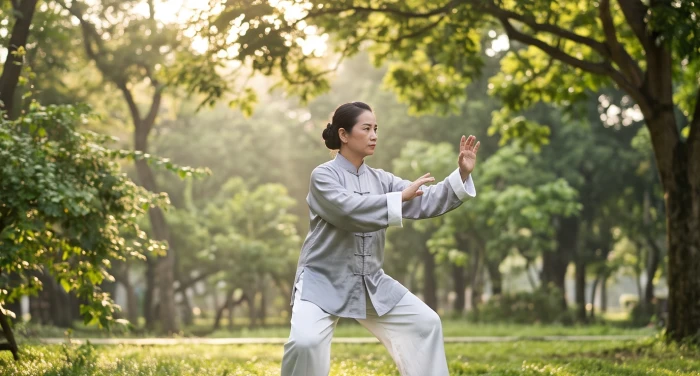 Người phụ nữ trung niên thực hiện bài tập dưỡng sinh nhẹ nhàng trong công viên xanh mát buổi sáng