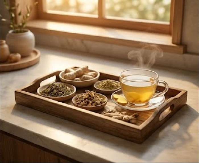 Một khay gỗ đựng các loại thảo dược tự nhiên và tách trà gừng nóng giúp giữ ấm cơ thể trong mùa lạnh