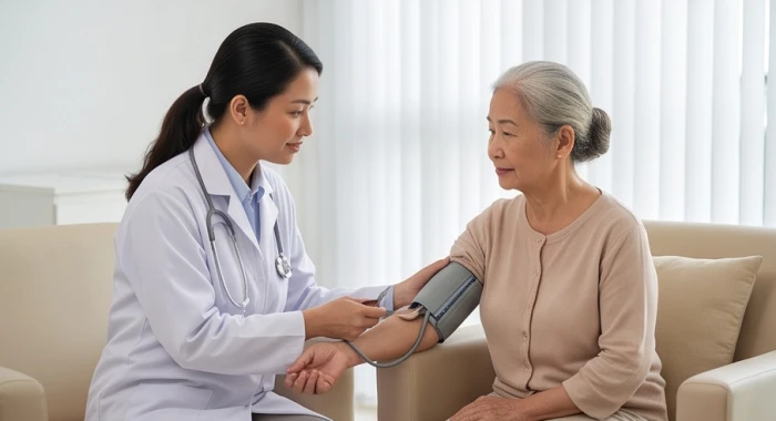 Bác sĩ kiểm tra huyết áp và tư vấn cách vận động bảo vệ khớp gối cho người cao tuổi tuổi Dậu 1945 tại phòng khám