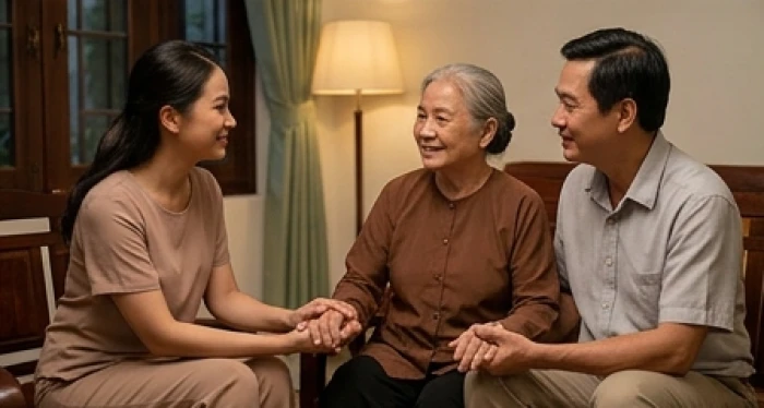 Con cháu hiếu thảo ân cần trò chuyện và nắm tay xoa dịu tâm lý ông bà tuổi Kỷ Sửu trong phòng khách ấm áp