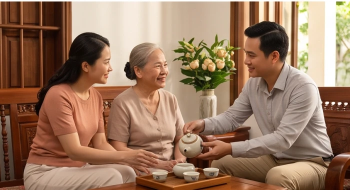 Con cháu ngồi trò chuyện và pha trà ấm cúng bên cụ ông lớn tuổi nhằm xoa dịu những bất an của hạn Thiên La