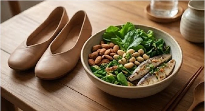 Đôi giày bệt mềm mại cùng thực đơn dinh dưỡng giàu canxi được chuẩn bị chu đáo trên bàn