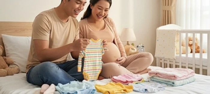 Đôi vợ chồng trẻ hạnh phúc chuẩn bị quần áo sơ sinh cho đứa con sắp chào đời trong căn phòng nhỏ