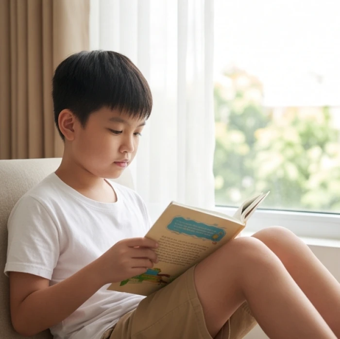 Bé trai say sưa đọc truyện tranh bên khung cửa sổ ngập nắng thay vì sử dụng thiết bị điện tử trong dịp hè