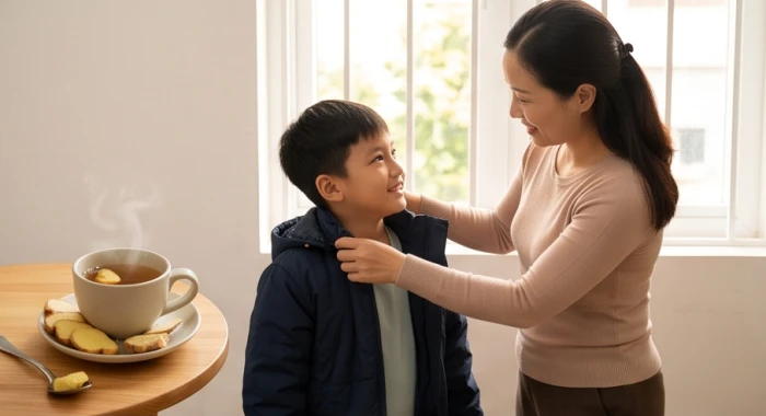 Phụ huynh mặc áo khoác ấm và chuẩn bị trà gừng cho bé trai khi giao mùa