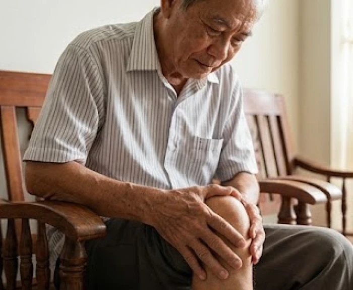 Người cao tuổi tự xoa bóp khớp gối để giảm thiểu cơn đau nhức khi thời tiết chuyển mùa.