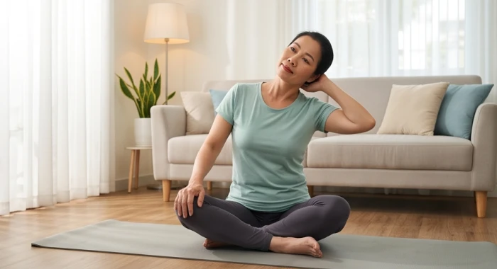 Người phụ nữ trung niên tập các bài giãn cơ nhẹ nhàng giúp bảo vệ khớp gối và đốt sống cổ tại nhà