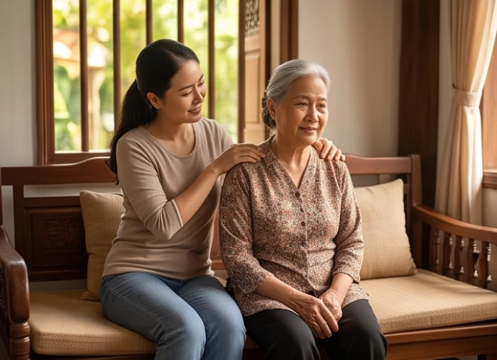 Người con gái hiếu thảo đang xoa bóp vai gáy cho mẹ già trên chiếc phản gỗ êm ái