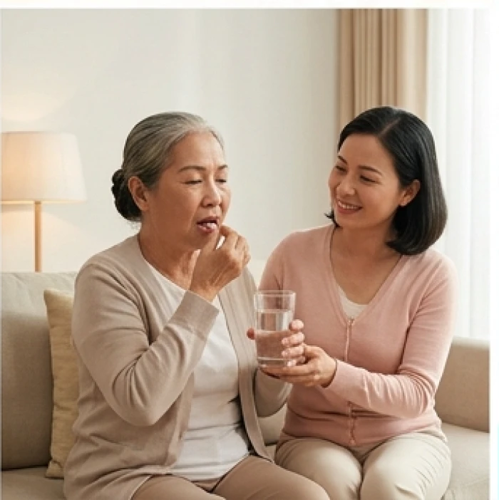 Cụ bà ngồi uống viên canxi bổ sung cùng ly nước ấm dưới sự hướng dẫn ân cần của người thân trong gia đình