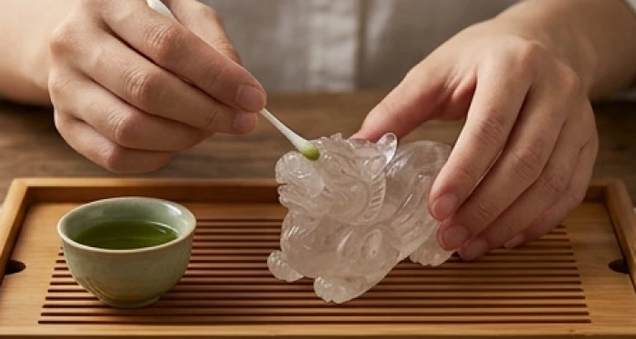 Dùng tăm bông sạch chấm nước trà xanh đậm vào hai mắt Tỳ Hưu trong nghi thức điểm nhãn nhận chủ