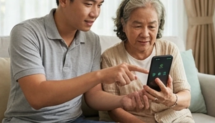 Người cao tuổi đang được con cháu hướng dẫn sử dụng tính năng chặn cuộc gọi rác trên điện thoại di động