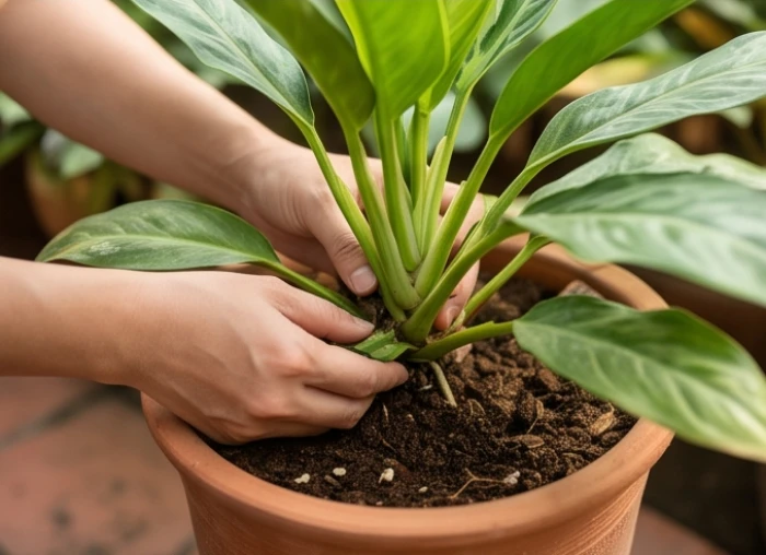 Chậu cây phong thủy được kiểm tra độ ẩm đất và tình trạng rễ khi có biểu hiện vàng lá rũ mềm